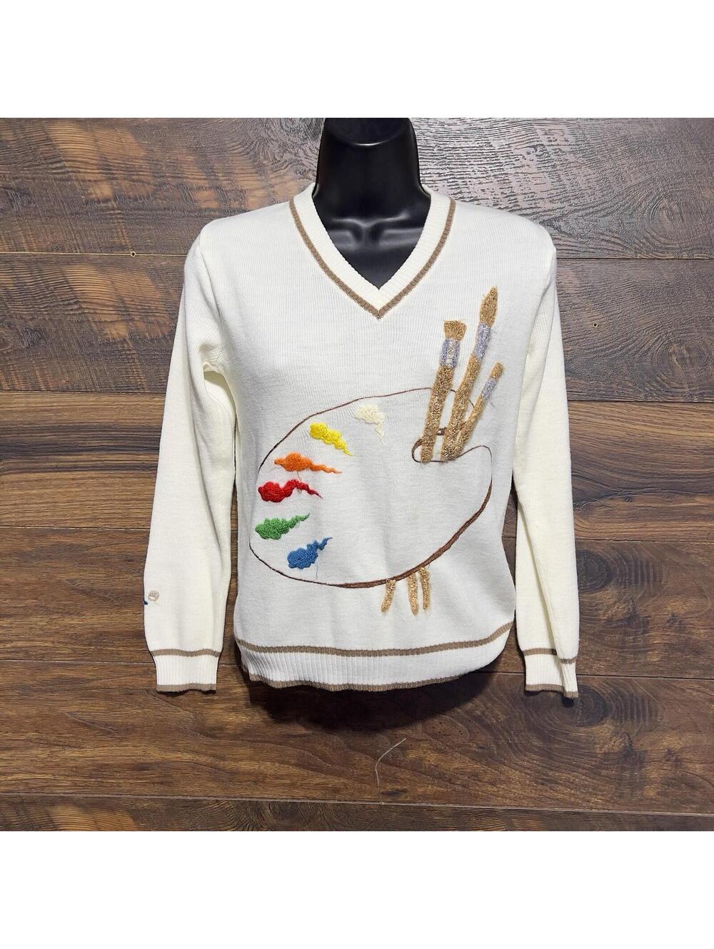Vintage 90s Artist Paint Palette Sweater V-Neck Cream Embroidery Art Teacher Sm